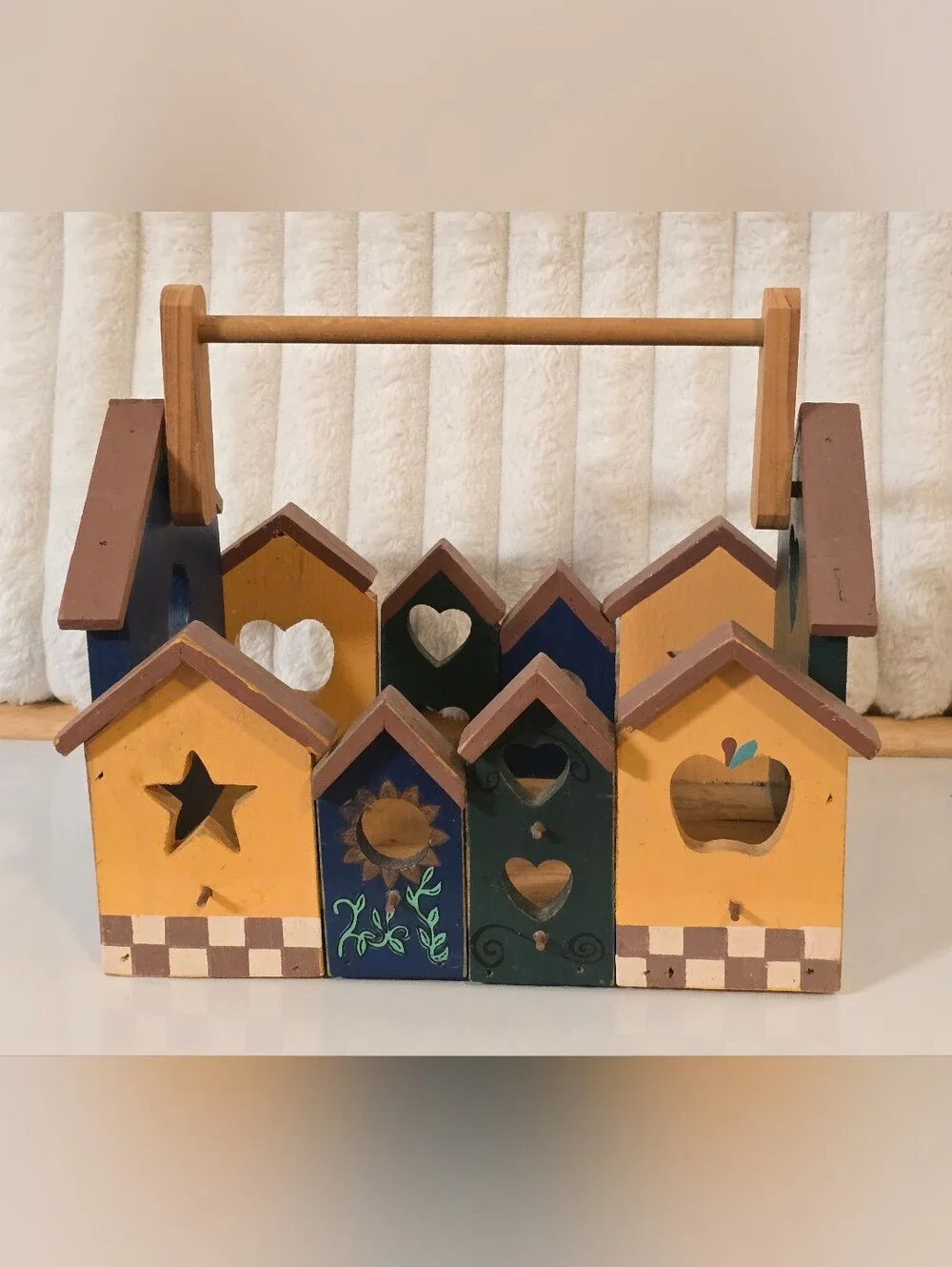 Vintage Wooden Birdhouse Tote Caddy Basket Hand Painted Country Folk Art Decor